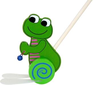 Holzspielzeug – grüner Frosch mit klatschenden Gummifüßen – BxHxT 14 x 60 x 60 cm