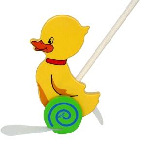 Schiebetier – fröhliche bunte Ente mit klatschendem Gummi – BxHxT 18 x 60 x 6 cm