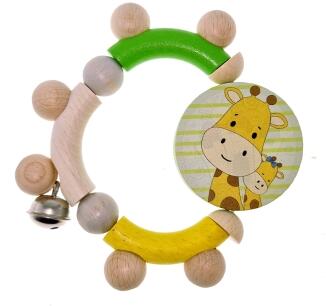 Motorikrassel – niedliche Giraffe \ Emil\ mit Glöckchen und farbigen Holzelementen – BxHxT 10 x 2 x 