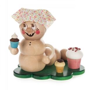 Räucherfigur – liebevoller Wurm Rosi mit Muffins und weißem Kopftuch, rot lackiert – HxB = 13 x 8 cm