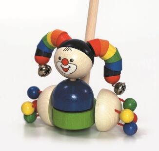 Schiebefigur – fröhlicher Harlekin mit bunten Klapperrädern und Glöckchen – BxHxT 14,5 x 54 x 9 cm
