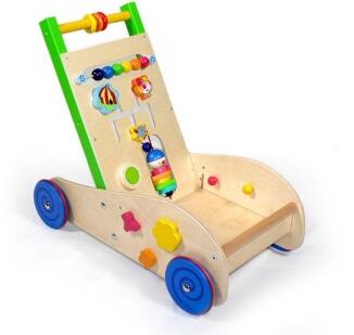 Lauflernwagen – mit bunten Motorik-Elemente aus Holz – BxHxT 49 x 43 x 30 cm