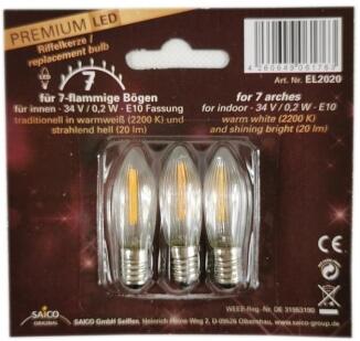 Ersatzbirne – warmweiße LED-Riffelkerze für 7-flammige Schwibbögen, energiesparend, E10 Fassung,