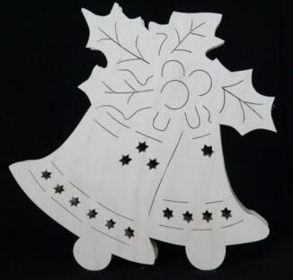 Fensterbild – filigrane Silhouette mit Seiffener Kirche und Glockenpaar, naturfarben, beleuchtet –