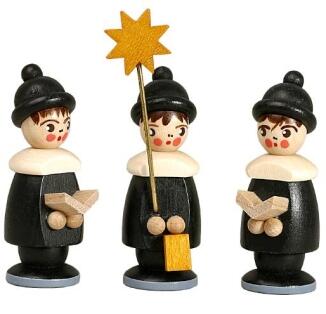 Miniaturfiguren Kurrendefiguren mit 2 Sängern und Sternträger aus Holz, schwarz lasiert, Erzgebirge 