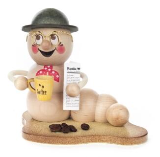 Räuchermann – liebevoll gestalteter Wurm mit dampfender Kaffeetasse, warm-braun, handbemalt – BxHxT 