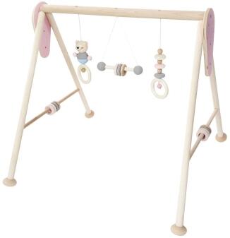 Babyspielgerät – liebevoll gestaltetes Trapez in Rosa und Natur mit bunten Figuren und Glocken –