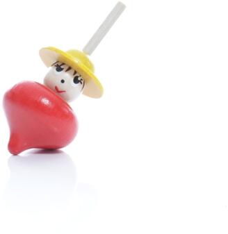 Holzspielzeug – Roter Tischkreisel mit Gesicht und gelben Hut - Ansicht Vorne - Hergestellt im