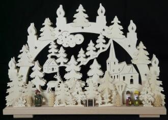 Schwibbogen Laternenkinder mit Kirche und ländlichem Haus, naturfarbener Holzbogen beleuchtet von