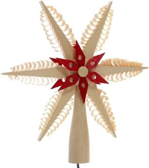 Seitliche Ansicht einer beleuchteten Christbaumspitze aus Holz mit filigranen Spanbäumen und rotem