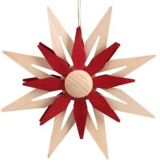 Christbaumschmuck – Holzstern Erzgebirge doppelt mit Kieferblättern rot/natur – Ø ca. 11 x T 1 cm