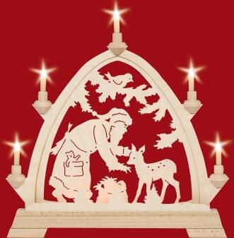 Schwibbogen detailreicher Weihnachtsmann mit Reh, naturfarbener Holzbogen aus dem Erzgebirge von
