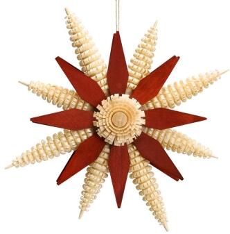 Christbaumschmuck – Doppelholzstern Erzgebirge grün/rot mit Ringelbäumchen – Ø ca. 15 x T 1 cm
