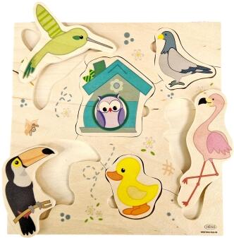 Holzpuzzle farbenfrohe Vögel mit 7 Teilen und Vogelhaus von Hess Holz Spielzeug, liebevoll