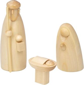 Krippenfigur – stilisierte Heilige Familie mit Maria, Josef und Jesuskind, naturfarben – Größe ca.