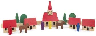 Holzspielzeug &ndash; farbenfrohes Dorf mit roter Kirche und 19 Teilen, kreativ und detailreich
