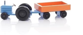 Holzspielzeug - Miniaturfahrzeug Traktor mit Kasten Anhänger Bunt - Ansicht Links - Nachhaltiges Spielzeug aus dem Erzgebirge