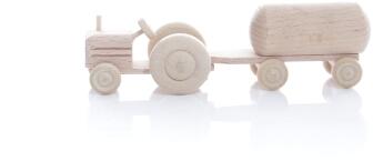 Miniaturfahrzeug Traktor mit Fassanhänger Natur - Ansicht Links - Nachhaltiges Spielzeug aus dem Erzgebirge