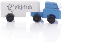 Holzspielzeug - Miniaturfahrzeug Lastenauto mit Auflieger Fisch Bunt - Ansicht Rechts - Räder drehen sich