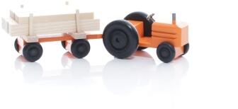 Holzspielzeug - Miniaturfahrzeug Traktor mit Langholz auf dem Anhänger Bunt - Ansicht Rechts - es sind noch viele andere Autos und Traktoren im Shop