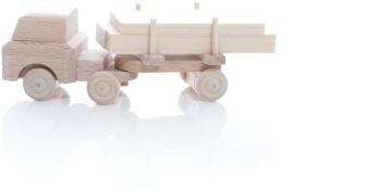 Holzspielzeug - Miniaturfahrzeug Lastenauto mit Langholz Natur - Ansicht Links - Räder drehen sich