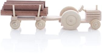 Miniaturfahrzeug Traktor mit Rundholz auf dem Anhänger Natur - Ansicht Rechts - Räder drehen sich