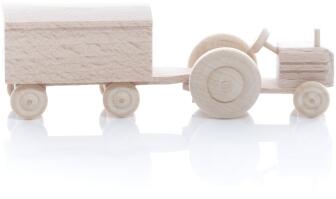 Miniaturfahrzeug Traktor mit Koffer Anhänger Natur - Ansicht Rechts - Räder drehen sich