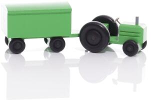 Holzspielzeug - Miniaturfahrzeug Traktor mit Koffer Anhänger Bunt - Ansicht Rechts - Räder drehen sich