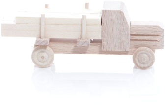 Miniaturfahrzeug Lastenauto mit Haube und Langholz Natur - Ansicht Rechts - Räder drehen sich