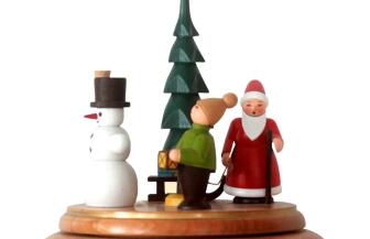 detailreich gearbeitete Figuren auf Spieldose mit Weihnachtsmann & Schneemann