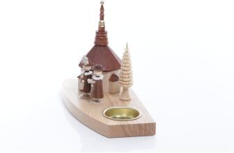 Teelichthalter - Seiffener Kirche mit Kurrende und Ringelbaum - Ansicht Links - durch Tropfschutz , gelangt kein Kerzenwachs auf den Sockel