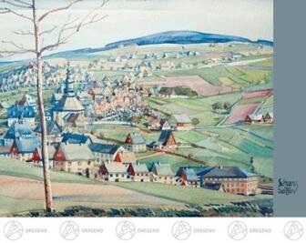 Künstlerkarte Max Schanz Farben des Gebirges , Seiffener Dorf Breite x Höhe ca 10,5 cmx14,8 cm