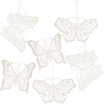 Baumschmuck – filigrane Schmetterlinge aus weißer Plauener Spitze im 6er-Set – BxHxT 1 x 6,5 x 0,1