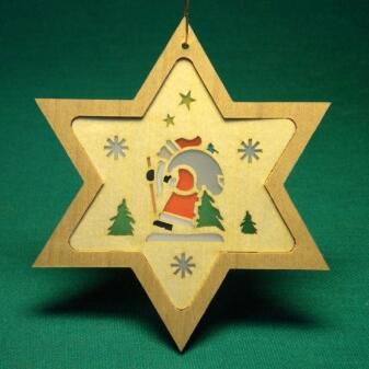Christbaumschmuck – filigraner Stern mit fröhlichem Weihnachtsmann, bunt bemalt – HxB = 8 x 8 cm
