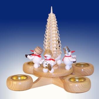 Adventsleuchter – bunte Schneemänner mit Spanbaum, liebevoll handbemalt – BxHxT = 22,5 x 22,5 x 22,5