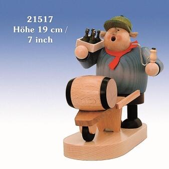 Räuchermann Bierhändler mit Holzfass und Flaschenkiste, farbenfrohe Holzfigur aus dem Erzgebirge von