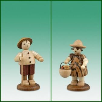 Holzfiguren Bauernpaar mit Wanderstock und Blumenkorb natur Höhe 7cm