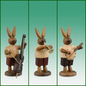 Osterfiguren – handgefertigte Osterhasen-Musikanten, 3-teilig mit Geige, Trommel & Horn – Höhe ca.