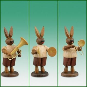 Osterfiguren – charmante 3-teilige Osterhasen Musikanten mit Instrumenten, naturbelassen – Höhe ca. 