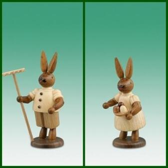 Osterdekoration Osterhasenpaar mit Rechen und Schale Höhe 7,5cm