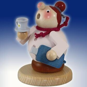 Räuchermann – liebevolle Schlafmütze Oma mit Wärmflasche und Teetasse, bunt bemalt – HxB = 11 x 6 cm