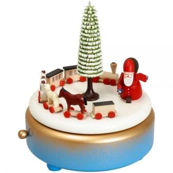 Spieluhr mit Weihnachtsmann, Eisenbahn und Ringelbaum aus Holz, blau-gold-weiß von Erzgebirgische