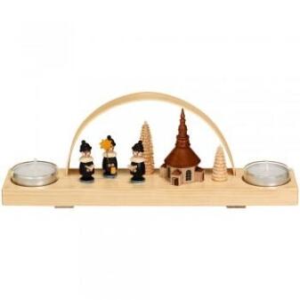 Schwibbogen – detailreiche Kurrende mit Seiffener Kirche und Teelichthalter, bunt lasiert – BxHxT = 