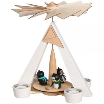Teelichtpyramide – bunte Pinguine mit filigranem Holzrahmen, handbemalt, winterlich – BxHxT = 24,5 x