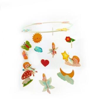 Mobile – fantasievolle Fee mit bunten Schmetterlingen und Sternen, handgefertigt – BxHxT = 26 x 30 x