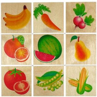 Holz Memo-Spiel mit bunten Obst- und Gemüsemotiven wie Banane, Karotte und Wassermelone von Hess