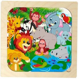 Holzpuzzle – farbenfrohe Dschungeltiere mit 16 Teilen – BxHxT 24 x 0.5 x 24 cm