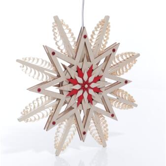 Fensterbild - Spanstern mit gestochenen Bäumchen & LED-Beleuchtung Natur/Rot - BxHxT 27x27x3cm