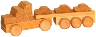 Holzspielzeug naturbelassener Sattelzug mit Autoauflieger und kleinen Holzautos von Erzgebirgische