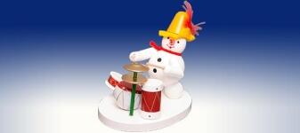 Weihnachtsfigur Schneemann am Schlagzeug mit gelbem Hut, handbemalte Holzfigur von Volker Zenker